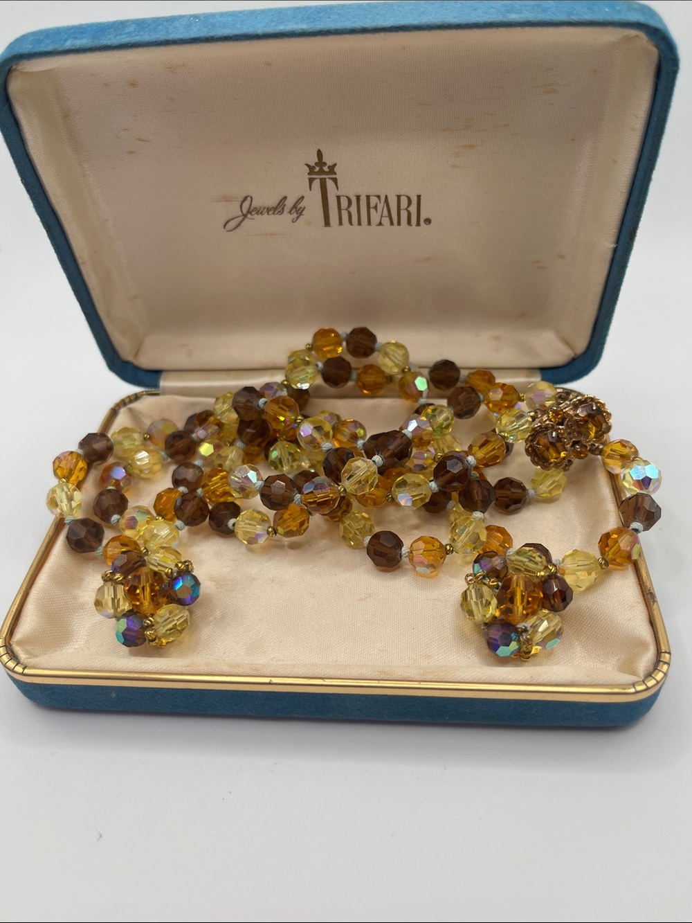 Mid Century Jewels by Trifari Amber Smoky Topaz Glass Bead Demi Parure Set Box
